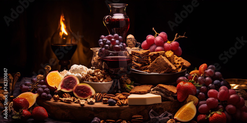 Still life of a bountiful harvest with grapes, figs, strawberries, cheese, and wine in front of a fire on a wooden table.