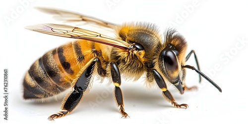 a hard-working, buzzing bee with distinctive yellow and black striped body and wings © Wuttichai