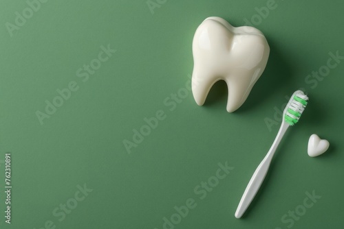 White healthy tooth model and dental toothbrush on green background with copy space. Dental care and health care concept.