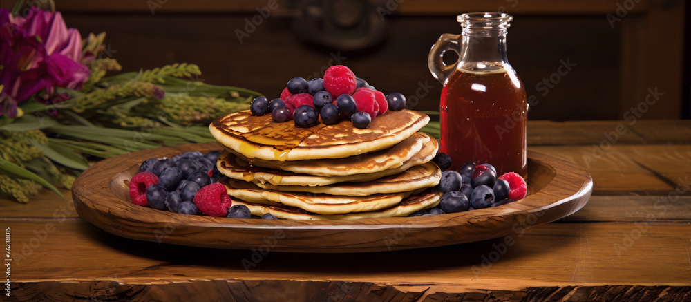 Still life of a plate of pancakes with syrup and berries on a wooden table.