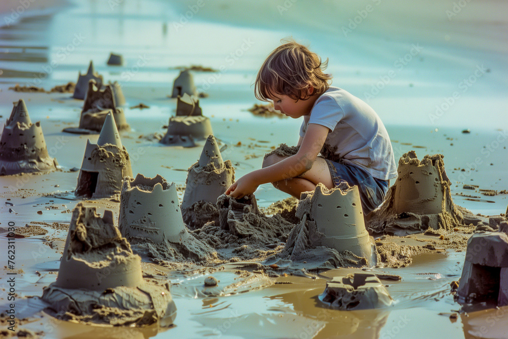young boy on the beach building sandcastles