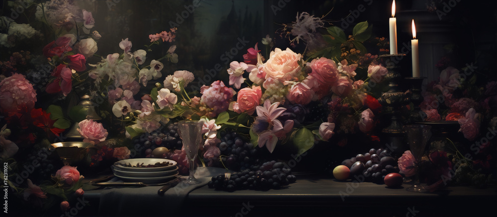 Still life with flowers, fruits and candle in dark room, painting, dark, pink, purple, green