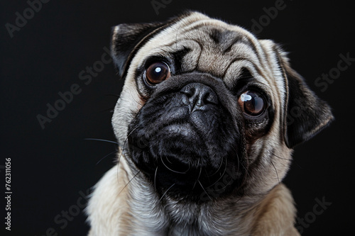 Closeup portrait of pug dog isolated on black background