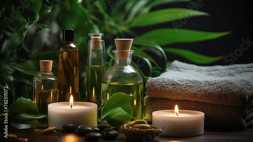 Tranquil spa still life, candles, towels, green leaves, aromatherapy oils, staff preparing for massage. green background
