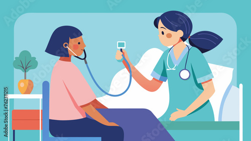 A nurse using a stethoscope to listen to a patients lung sounds during the initial assessment while the patient sits on the edge of the hospital