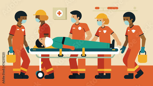 A group of first responders wheel a stretcher into the triage area of the emergency department their faces covered in sweat and dirt from