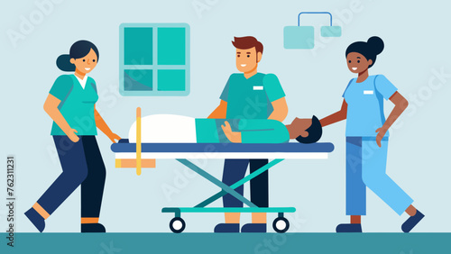 A paramedic rushes in with a patient on a gurney giving a brief report to the waiting nurses as they wheel them into the trauma bay.