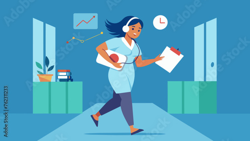 A harriedlooking nurse rushes down a hallway a stack of charts clutched to her chest and a phone pressed to her ear. She is multitasking trying