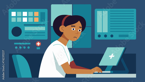 A young resident stands at a computer station intently studying a patients chart while trying to keep up with the constant beeping of alarms and