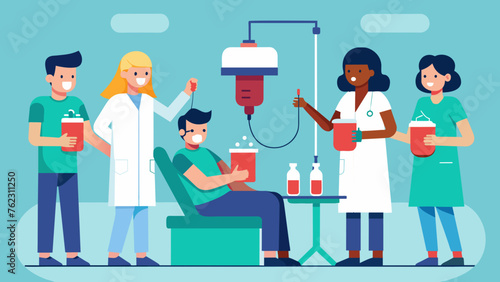 A group of doctors and nurses perform a transfusion on a patient carefully monitoring vitals and administering medications to help save their