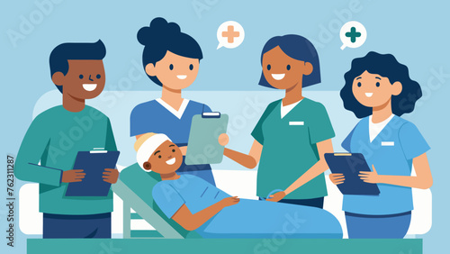 A team of nurses and technicians gathered around a patients bed checking and doublechecking their vital signs and reviewing their medical chart. photo