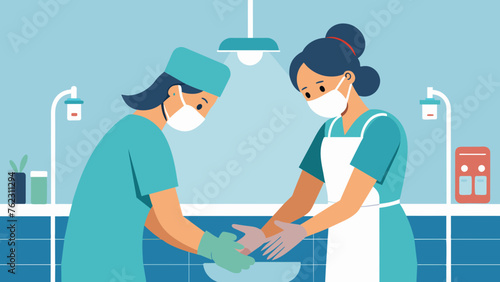 A closeup of a patients hands being washed and prepped for with a nurse gently scrubbing between their fingers and under their nails. The room