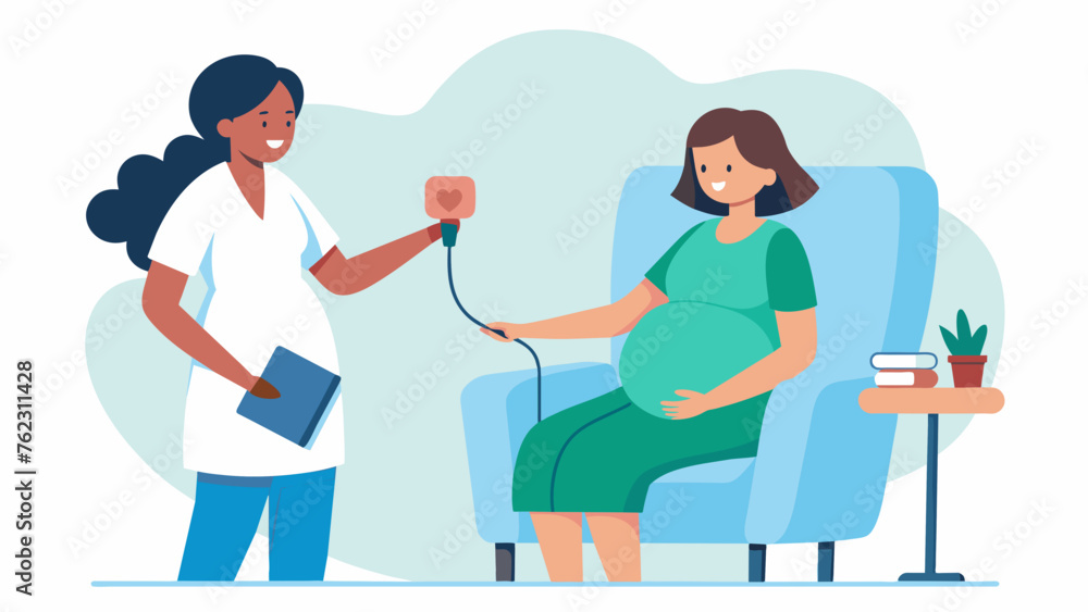 A nurse measuring the pregnant womans pressure and recording it in her chart while the woman holds onto the armrests of the chair and looks