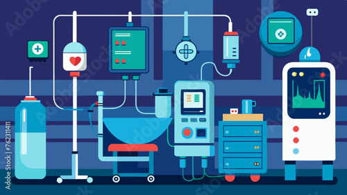 The walls are lined with advanced medical technology including a digital pressure monitor and an IV pump for administering necessary fluids and