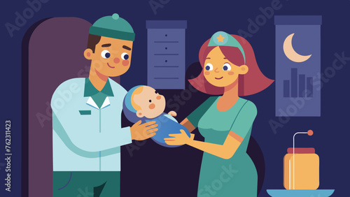 In a warm dimly lit room a new father holds his newborn while a nurse gently wraps a measuring tape around the babys head. The fathers smile