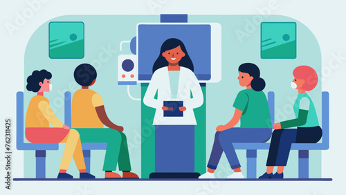 Sitting in a waiting room filled with other patients a woman watches as a technologist prepares to take her Xray. The large machine looms behind