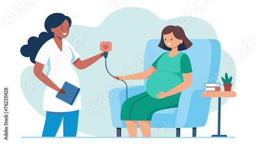 A nurse measuring the pregnant womans pressure and recording it in her chart while the woman holds onto the armrests of the chair and looks © Justlight