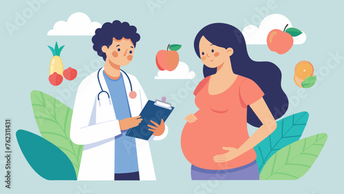 A doctor explaining the importance of a healthy diet during pregnancy to a pregnant woman who nods along and takes notes in a notebook.