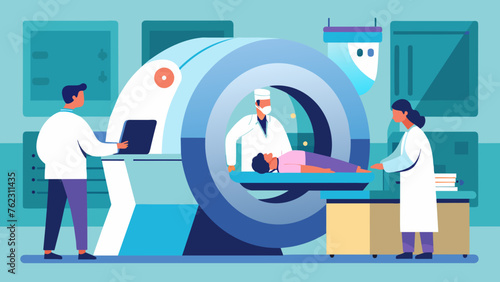 A hospital room from the s shows a medical team using a bulky and imposing CT scanner with the patients head slowly rotating inside the