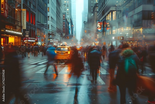 Busy City Street Scene Rendered in a Blur, Packed with Hidden Details and Embracing Abrasive Authenticity and Futurism photo