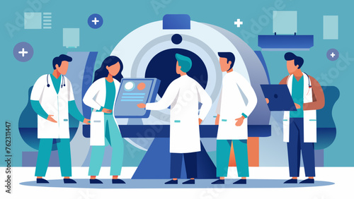 A group of doctors and technicians huddle around a large machine intently studying the results of a patients CT scan. The monitor in front of