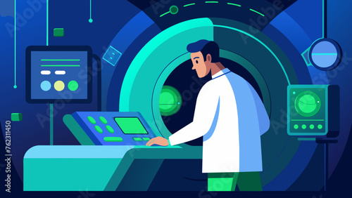 Inside the MRI control room a technician operates the machines controls while closely monitoring the patients progress. The room is bathed in