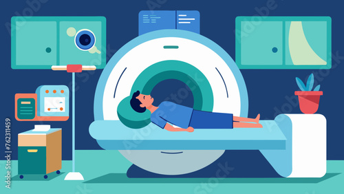In the MRI room a patient lies still on the table surrounded by various medical equipment. A soothing voice comes from the intercom reassuring