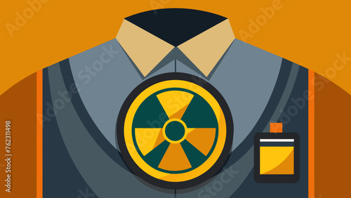 A closeup of a radiation badge being worn by a radiology technologist to monitor their exposure levels.