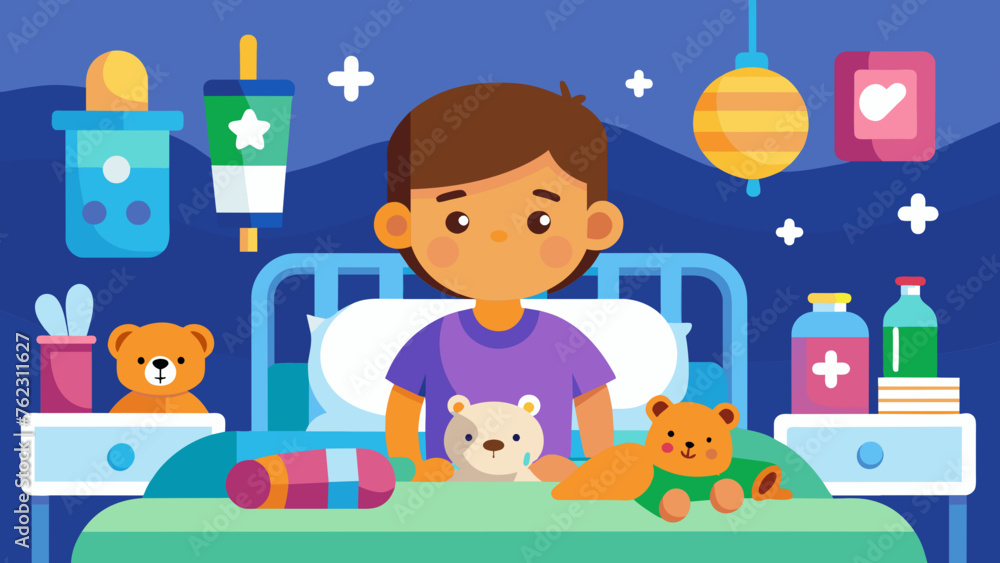 A cozy scene of a child resting in a hospital bed surrounded by colorful toys and plush companions for comfort. A cozy scene of a child resting in a hospital bed surrounded by colorful toys and plush companions for comfort.