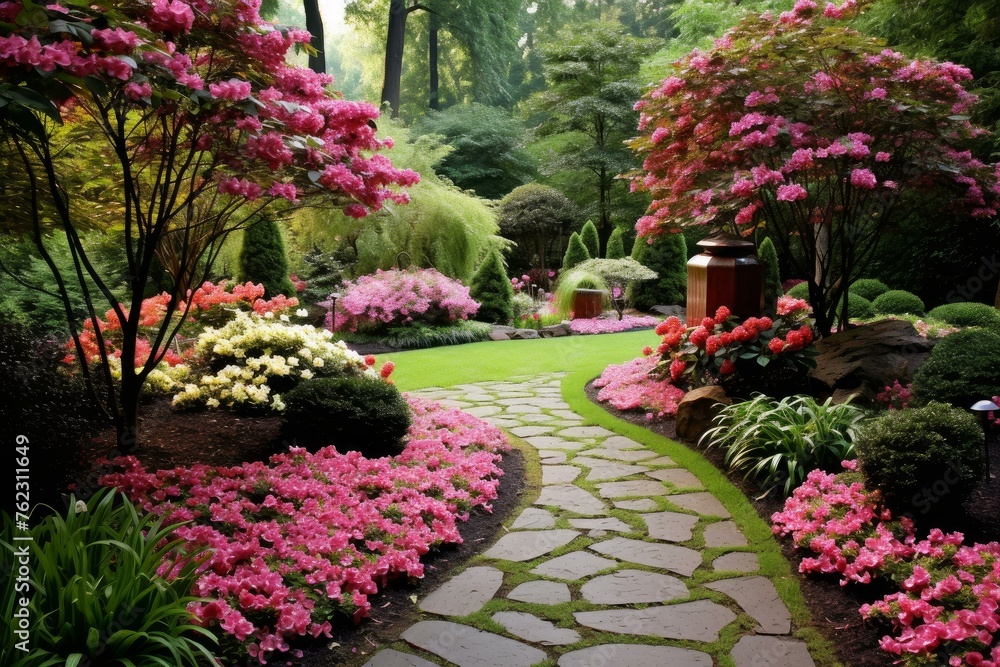 Lush Flower beds paths backyard. Summer nature. Generate Ai Lush Flower beds paths backyard. Summer nature. Generate Ai
