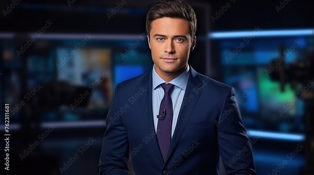 guy in a suit, a tv news presenter on a popular channel live stream broadcast on television.