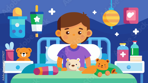 A cozy scene of a child resting in a hospital bed surrounded by colorful toys and plush companions for comfort.