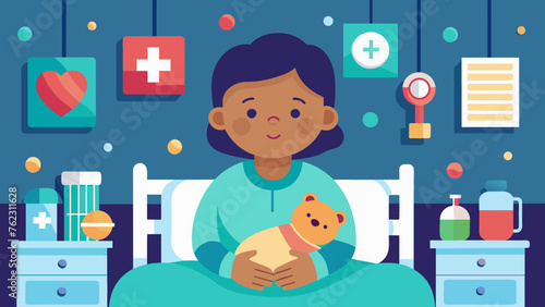A peaceful hospital room where a child sleeps surrounded by a comforting collection of toys and trinkets providing them with a sense of