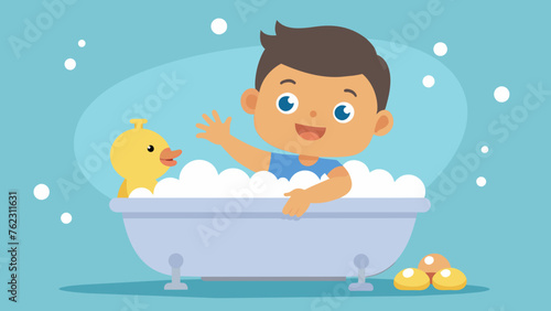 An animated child is seen taking a bubble bath with a rubber duck. The narrator talks about the importance of bath time for maintaining personal