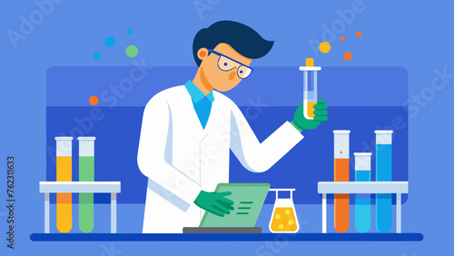 In the laboratory a technician carefully handles test tubes and equipment while analyzing specimens and recording data.