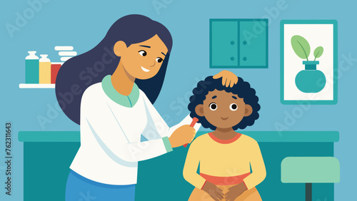 A mother gently brushes her childs hair as they wait for their turn in the examination room. The child looks up at her with a small smile