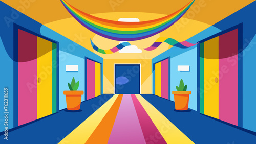 The hallway leading to the play area is lined with rainbowcolored streamers creating a festive and lively atmosphere.