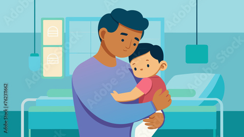 A father cradles his sick child in his arms softly rocking them back and forth as they both try to find some peace in the midst of a stressful