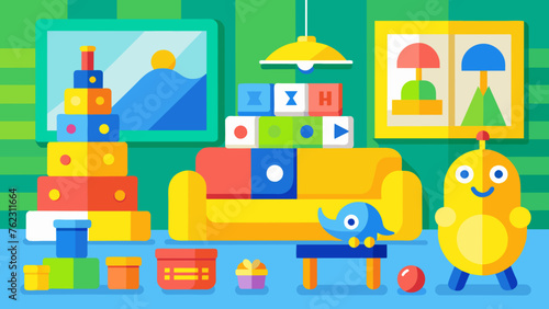 In the waiting room children can entertain themselves with a variety of bright and engaging toys and games all in hues of yellow green and blue.