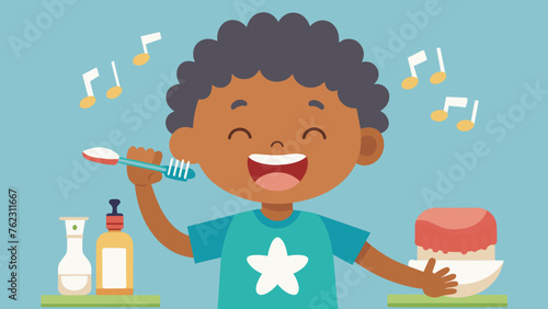 A cartoon of a child brushing their teeth is accompanied by a cheerful tune. The narrator explains the importance of oral hygiene and routine