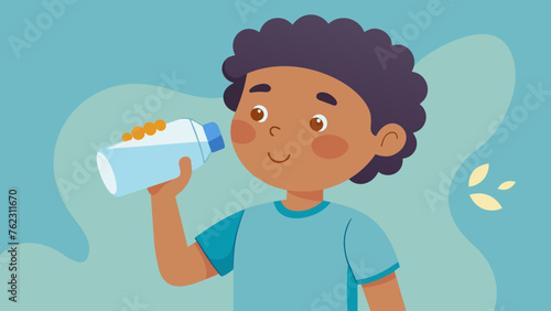 An animated child drinking a glass of water is shown on screen with a caption reminding caregivers to encourage their children to stay hydrated