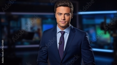 guy in a suit, a tv news presenter on a popular channel live stream broadcast on television.