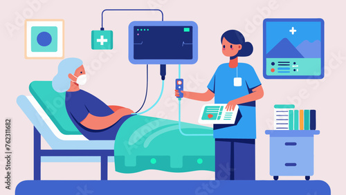 A nurse adjusts the settings on a bedside monitor which is connected to the patients body through various wires and sensors providing realtime