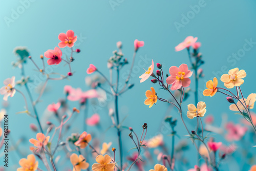 Colorful and beautiful flowers in minimalist copy space background, abstract flower wallpaper concept, Beautiful flowers with empty space for text, selective focus on elegant flowers with bokeh effect © Ishra