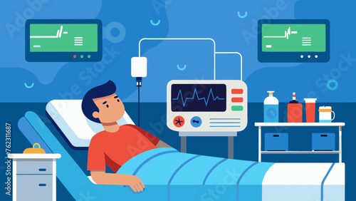 A patient lying in bed surrounded by a variety of monitoring technologies such as ECG machines pulse oximeters and pressure cuffs all working photo