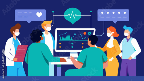 A group of medical professionals huddled around a patients bed intently observing the details on a large ICU monitoring system with a graph
