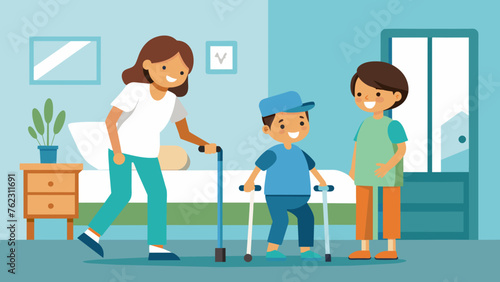 A child using crutches to independently move from their bed to the rehabilitation room accompanied by a kind and supportive nurse.