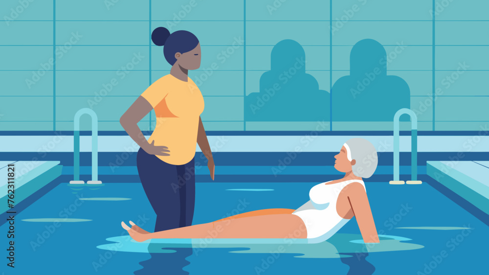 In the hospital pool a patient is submerged up to their waist using floatation devices to support their body weight. The the stands nearby