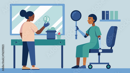 A patient is using a mirror to observe and adjust their movements while practicing picking up objects with their newly fitted prosthetic hand as
