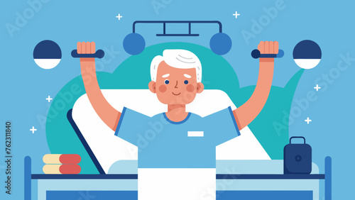 A patient in a hospital bed attached to various medical machines bravely lifts small hand weights with a determined expression on their face